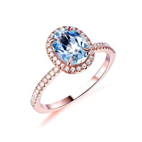 1.5ct Oval Aquamarine Diamond Halo Engagement Ring 14K Rose Gold - Lord of Gem Rings