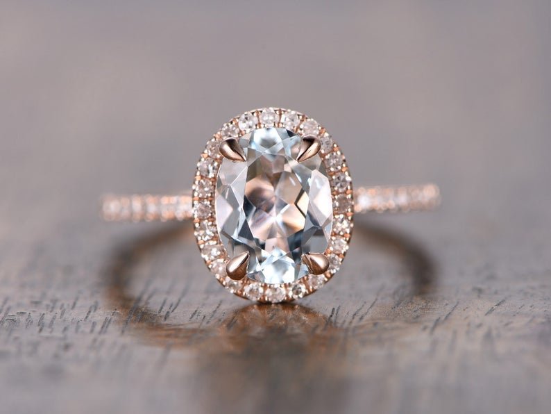 1.5ct Oval Aquamarine Diamond Halo Engagement Ring 14K Rose Gold - Lord of Gem Rings