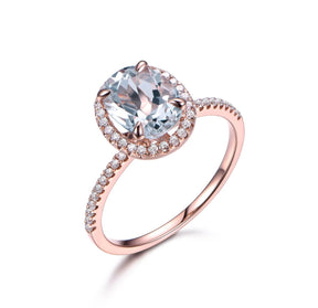 1.5ct Oval Aquamarine Diamond Halo Engagement Ring 14K Rose Gold - Lord of Gem Rings