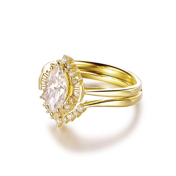 1.6ct Marquise Moissanite Diamond Ring Chevron Diamond Wedding Band 14k Yellow Gold - Lord of Gem Rings