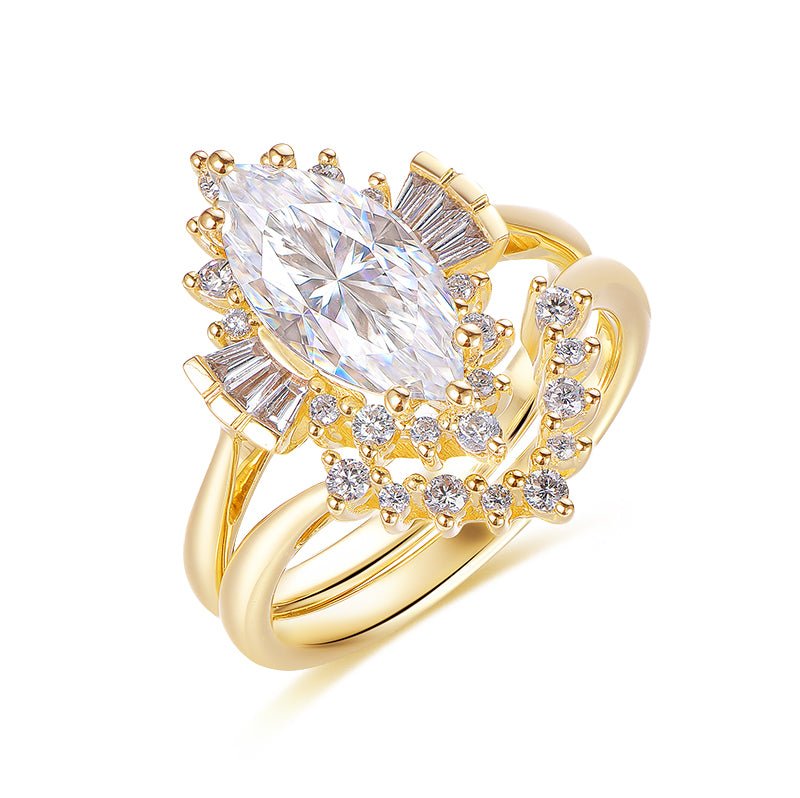 1.6ct Marquise Moissanite Diamond Ring Chevron Diamond Wedding Band 14k Yellow Gold - Lord of Gem Rings