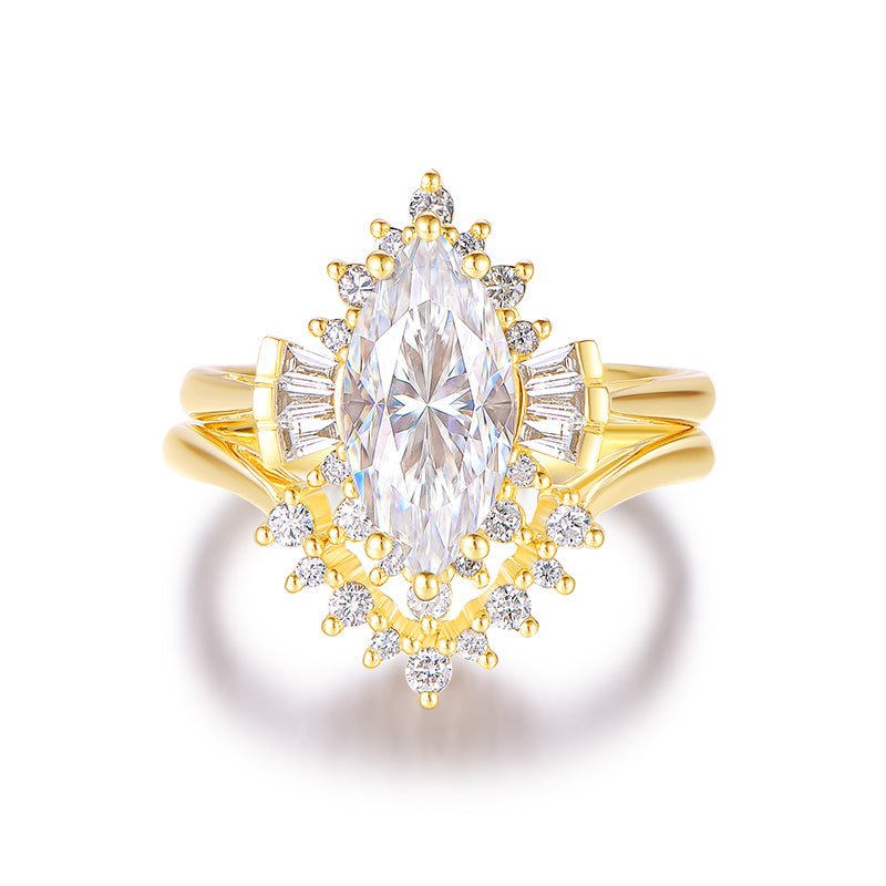 1.6ct Marquise Moissanite Diamond Ring Chevron Diamond Wedding Band 14k Yellow Gold - Lord of Gem Rings