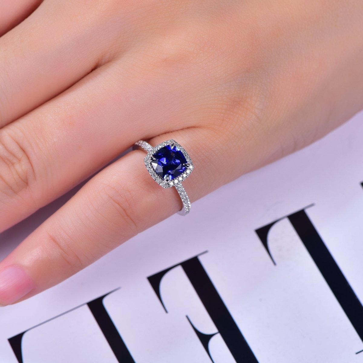 1.7ct Cushion Sapphire Diamond Halo Engagement Ring 14K Gold - Lord of Gem Rings
