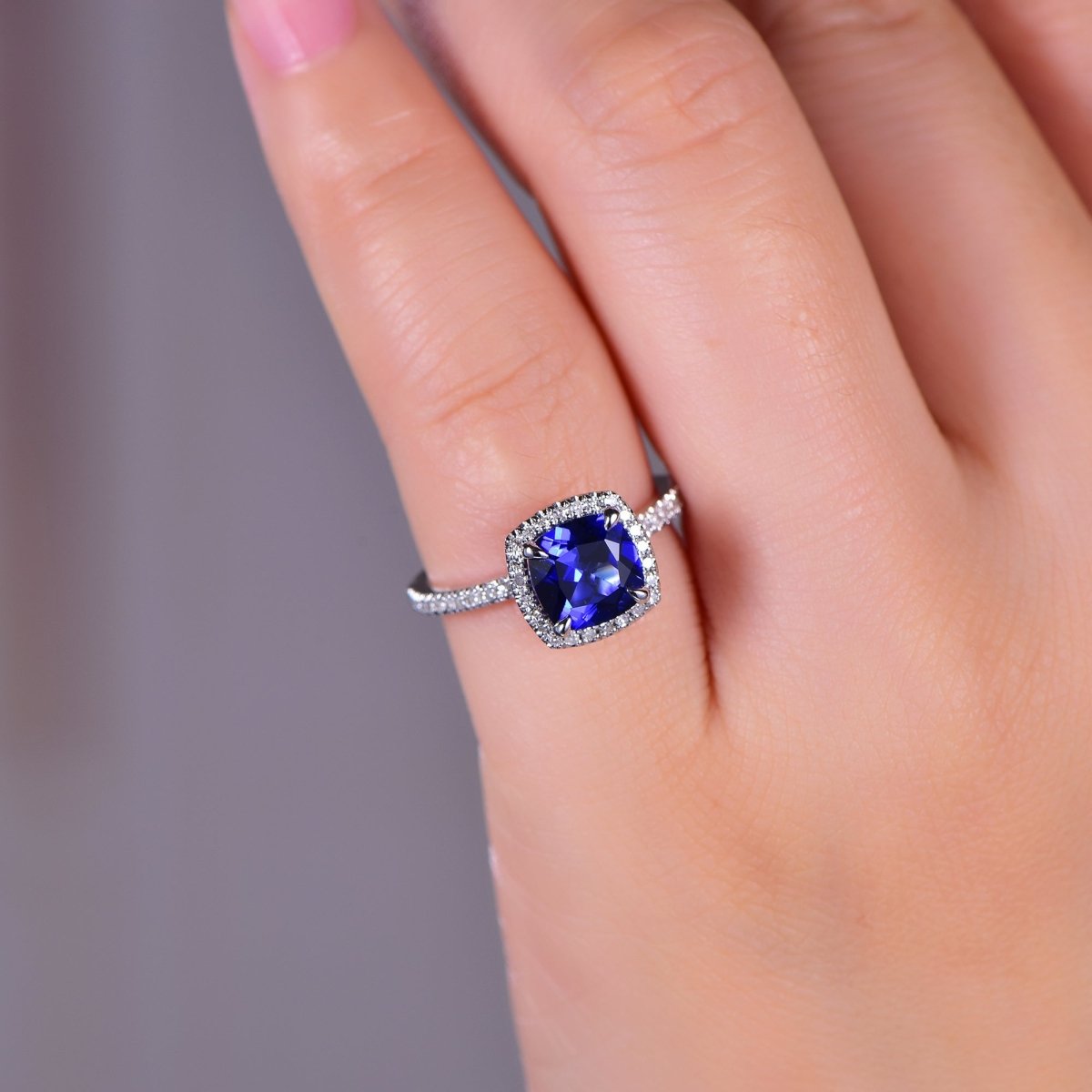 1.7ct Cushion Sapphire Diamond Halo Engagement Ring 14K Gold - Lord of Gem Rings