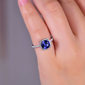 1.7ct Cushion Sapphire Diamond Halo Engagement Ring 14K Gold - Lord of Gem Rings