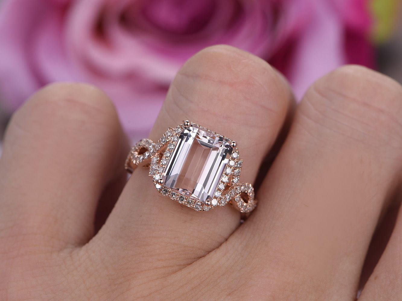 Reserved for Ashley: 7x9mm Emerald Cut Morganite Infinite Love Ring with Diamond Halo Forever together ring guards