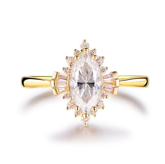 1ct Art Deco Marquise Moissanite & Diamond Engagement Ring in 14K Yellow Gold
