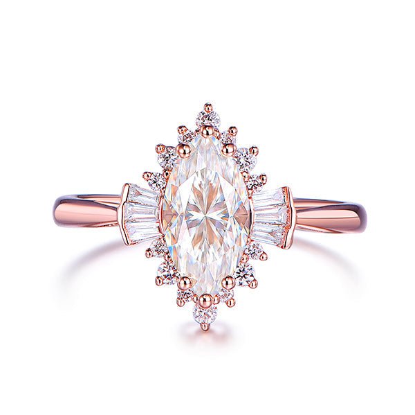 1ct Art Deco Marquise Moissanite & Diamond Engagement Ring in 14K Yellow Gold - Lord of Gem Rings