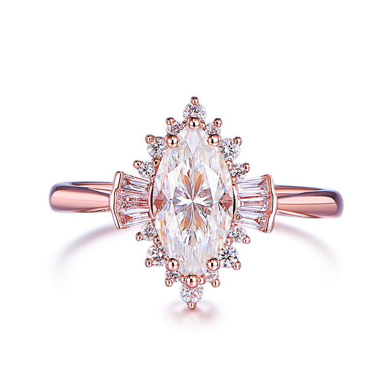 1ct Art Deco Marquise Moissanite & Diamond Engagement Ring in Rose Gold - Lord of Gem Rings