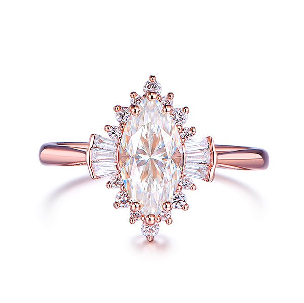 1ct Art Deco Marquise Moissanite & Diamond Engagement Ring in Rose Gold - Lord of Gem Rings