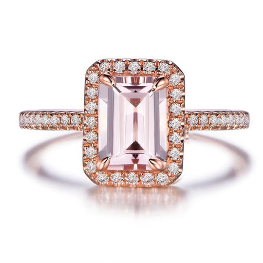 1ct Emerald Cut Morganite Halo Ring 14K Gold