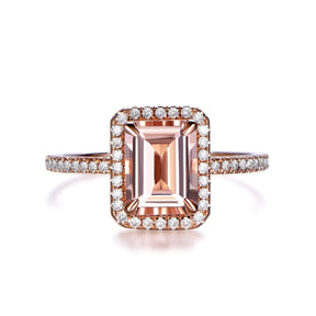 1ct Emerald Cut Morganite Ring Diamond Halo - Lord of Gem Rings