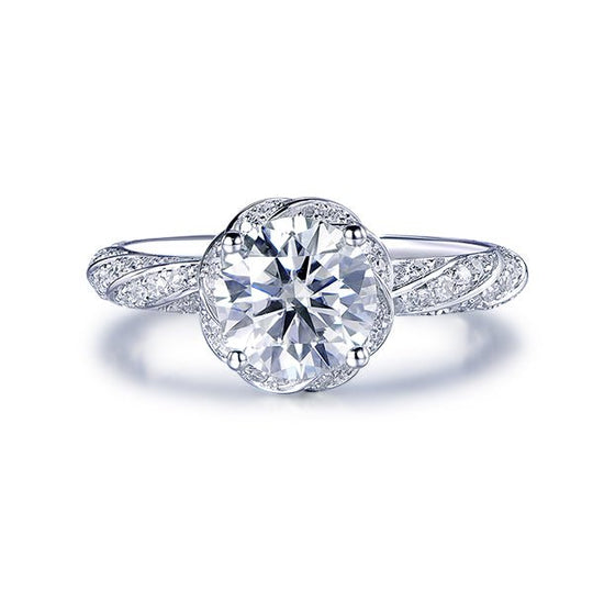 1ct Floral Diamond Halo Round Moissanite Engagement Ring 14K White Gold
