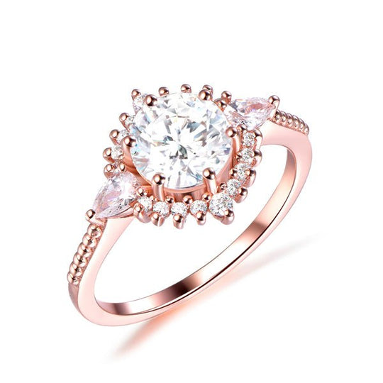 1ct Round Moissanite Floral Pear Diamond Halo Engagement Ring