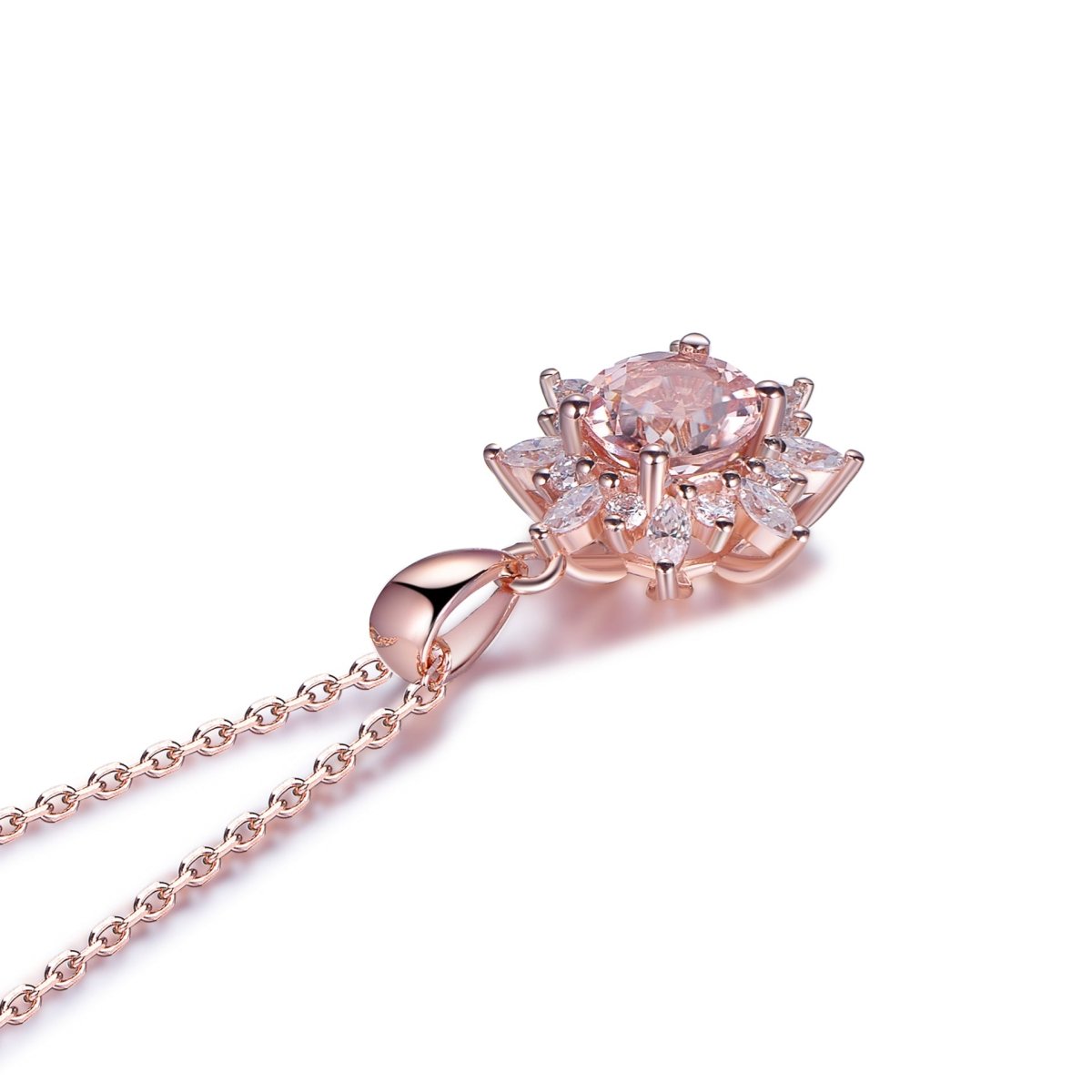 1ct Round Morganite Marquise Moissanite Necklace 14K Rose Gold - Lord of Gem Rings