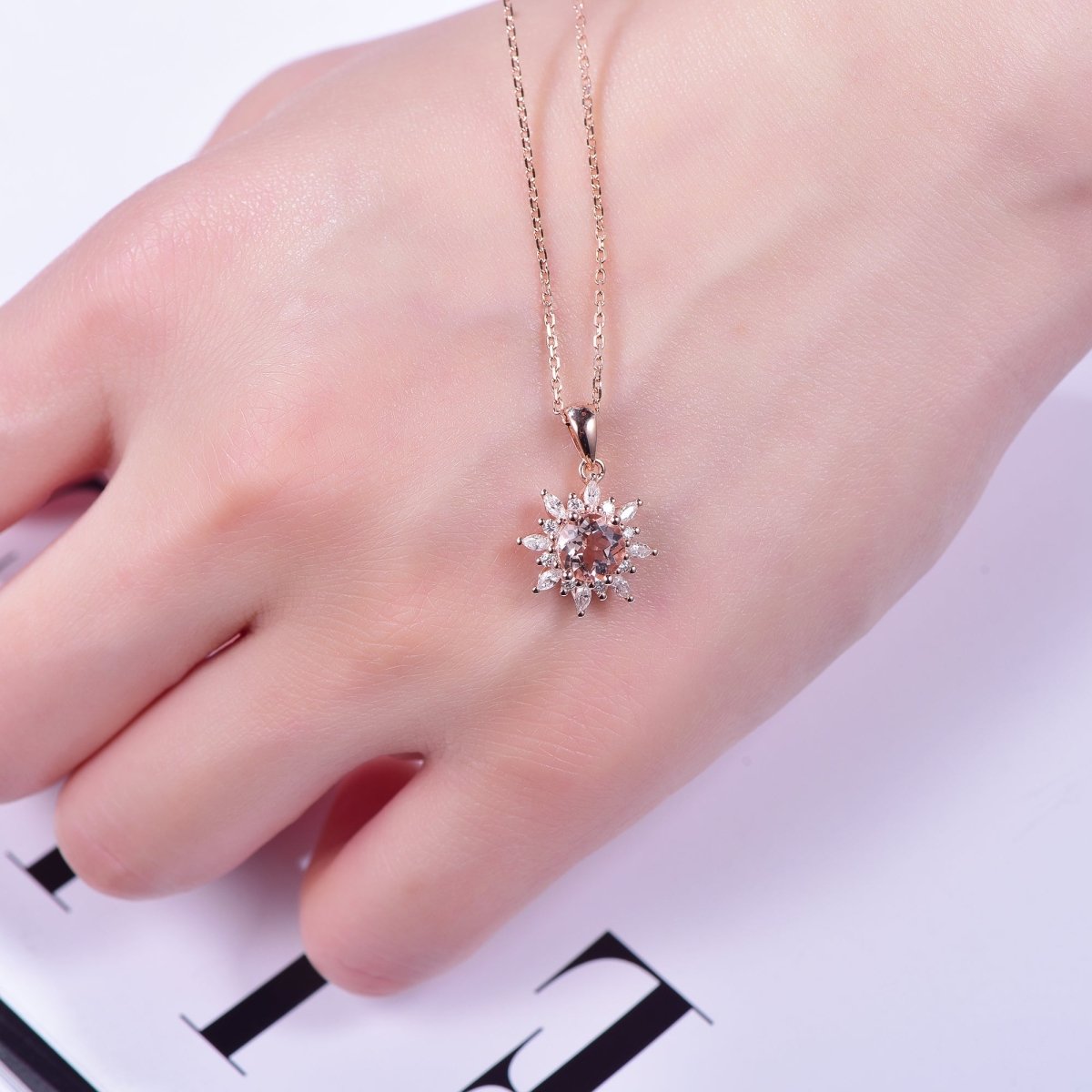 1ct Round Morganite Marquise Moissanite Necklace 14K Rose Gold - Lord of Gem Rings