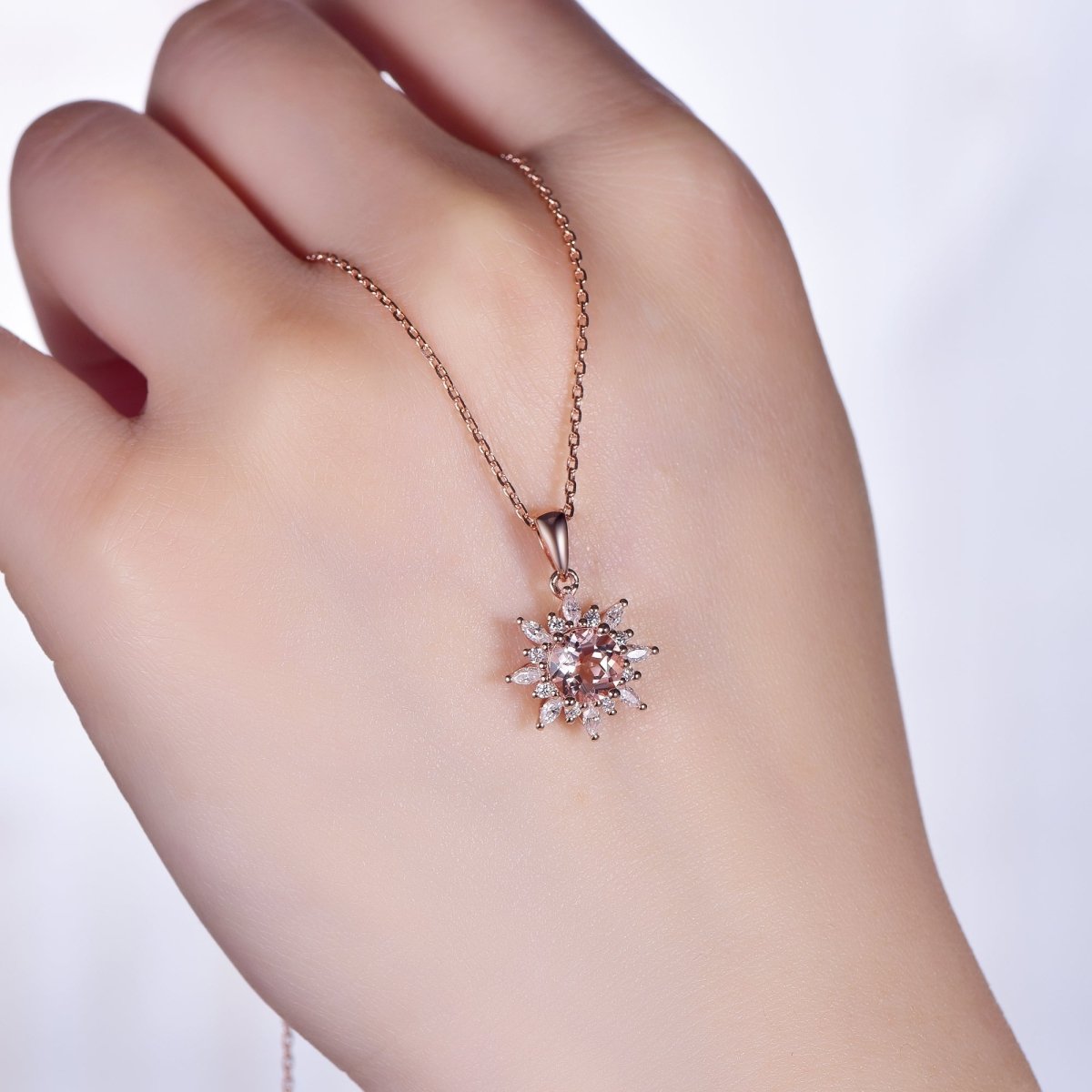 1ct Round Morganite Marquise Moissanite Necklace 14K Rose Gold - Lord of Gem Rings