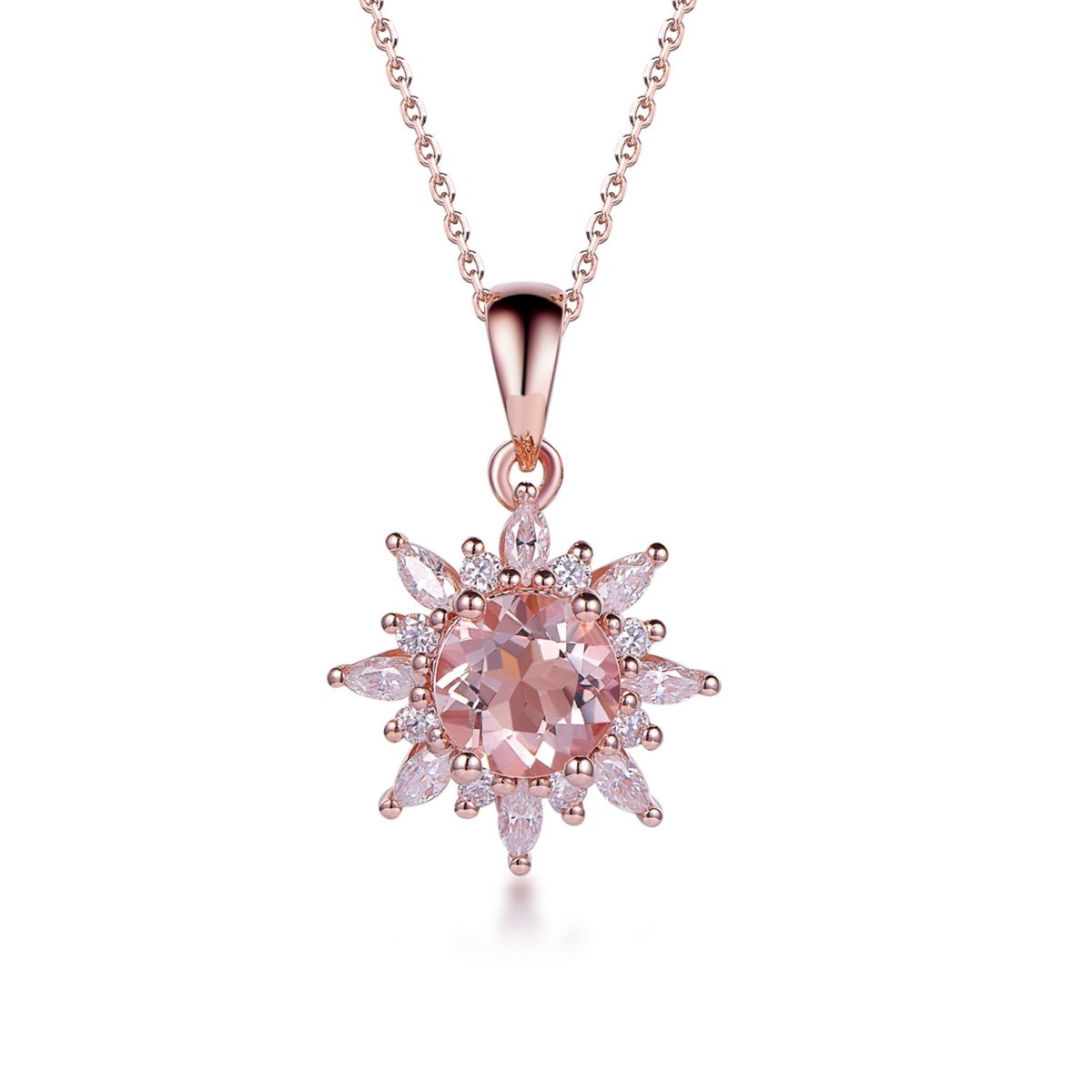 1ct Round Morganite Marquise Moissanite Necklace 14K Rose Gold - Lord of Gem Rings