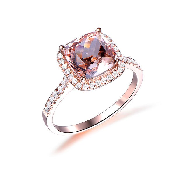 2.2ct Morganite Engagement Ring Diamond Cushion Halo 14K Rose Gold - Lord of Gem Rings