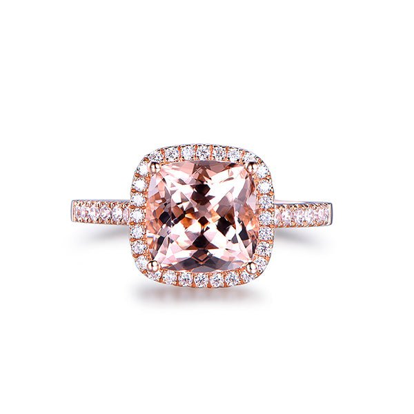 2.2ct Morganite Engagement Ring Diamond Cushion Halo 14K Rose Gold - Lord of Gem Rings