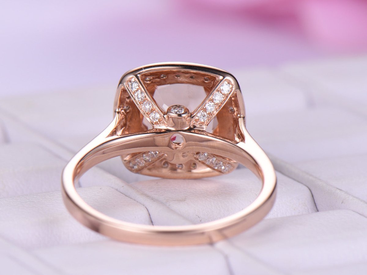 2.3ct Bezel Cushion Morganite Ring Diamond Halo14K Rose Gold - Lord of Gem Rings