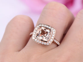 2.3ct Bezel Cushion Morganite Ring Diamond Halo14K Rose Gold - Lord of Gem Rings