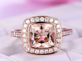 2.3ct Bezel Cushion Morganite Ring Diamond Halo14K Rose Gold - Lord of Gem Rings
