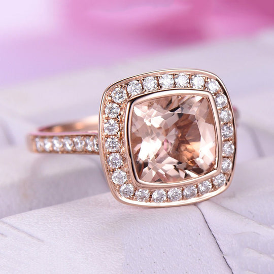 2.3ct Bezel Cushion Morganite Ring Diamond Halo14K Rose Gold