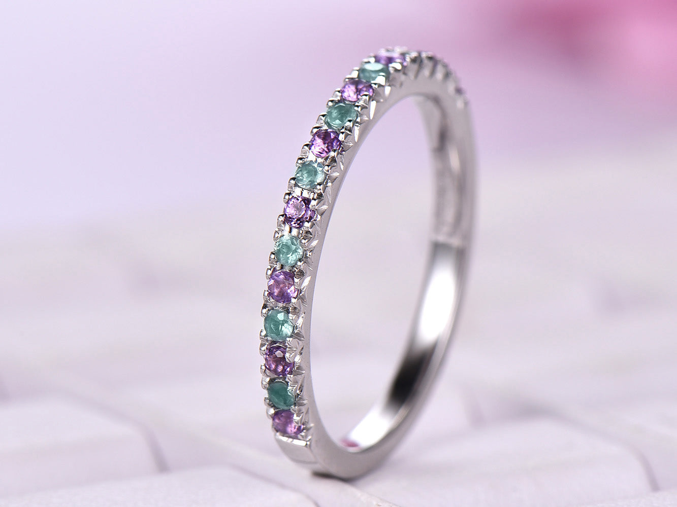 reserved for Vicky: French V Pave Set Emerald and Blue Sapphire Half Eternity Ring May September Birthstone Band