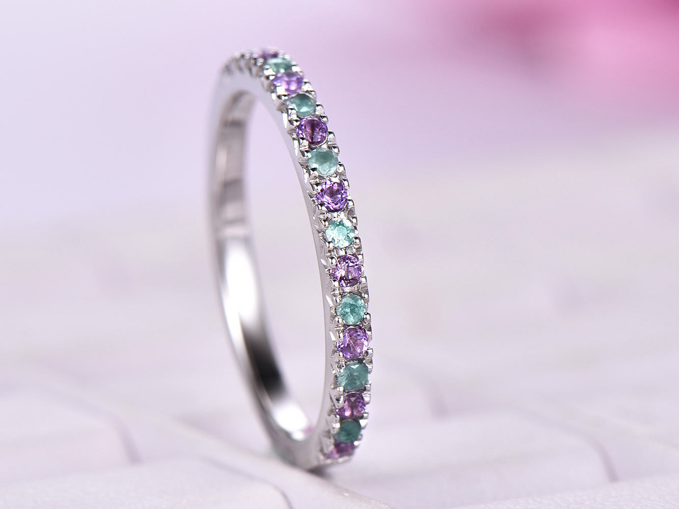 reserved for Vicky: French V Pave Set Emerald and Blue Sapphire Half Eternity Ring May September Birthstone Band