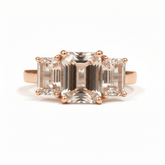2.5CT Emerald Cut Morganite Three - Stone Engagement Ring in 14K Rose Gold – Trellis Setting - Lord of Gem Rings