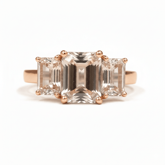 2.5CT Emerald Cut Morganite Three-Stone Engagement Ring in 14K Rose Gold – Trellis Setting