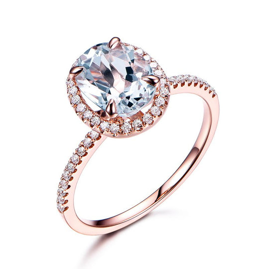 2.5ct Natural Oval Aquamarine Diamond Halo Ring 14K Rose Gold