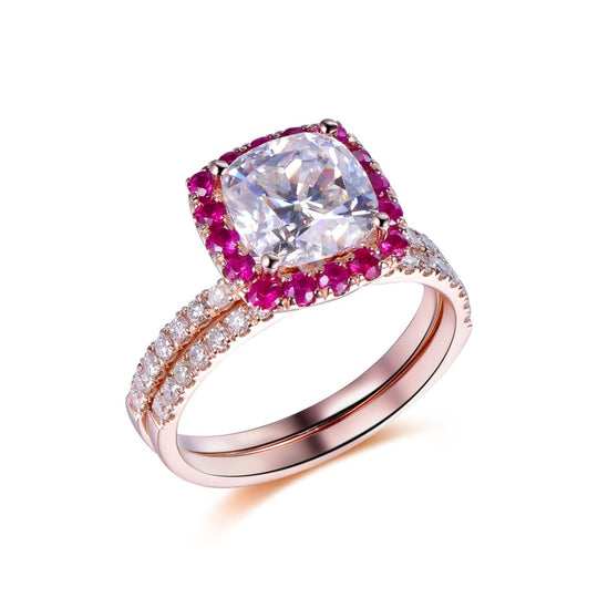 2.6ct Cushion Moissanite Engagement Ruby Halo Bridal Set
