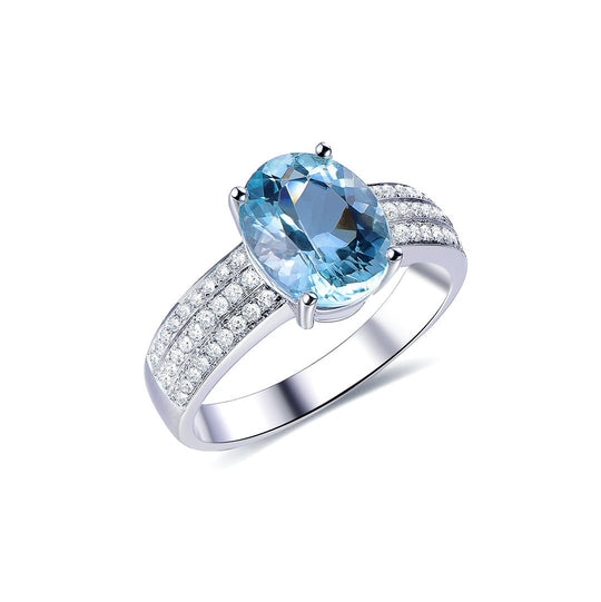 2.6ct Oval Aquamarine Triple Row Diamond Shank Ring 14K White Gold