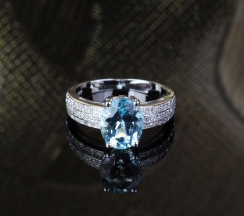 2.6ct Oval Aquamarine Triple Row Diamond Shank Ring 14K White Gold - Lord of Gem Rings