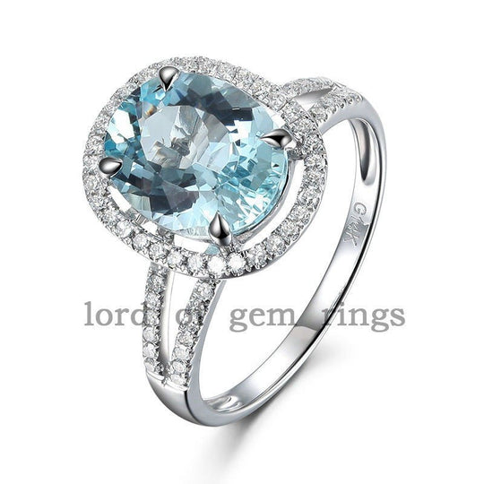 2.8ct Oval Aquamarine Diamond Halo Split Shank Ring with CLAW PRONGS