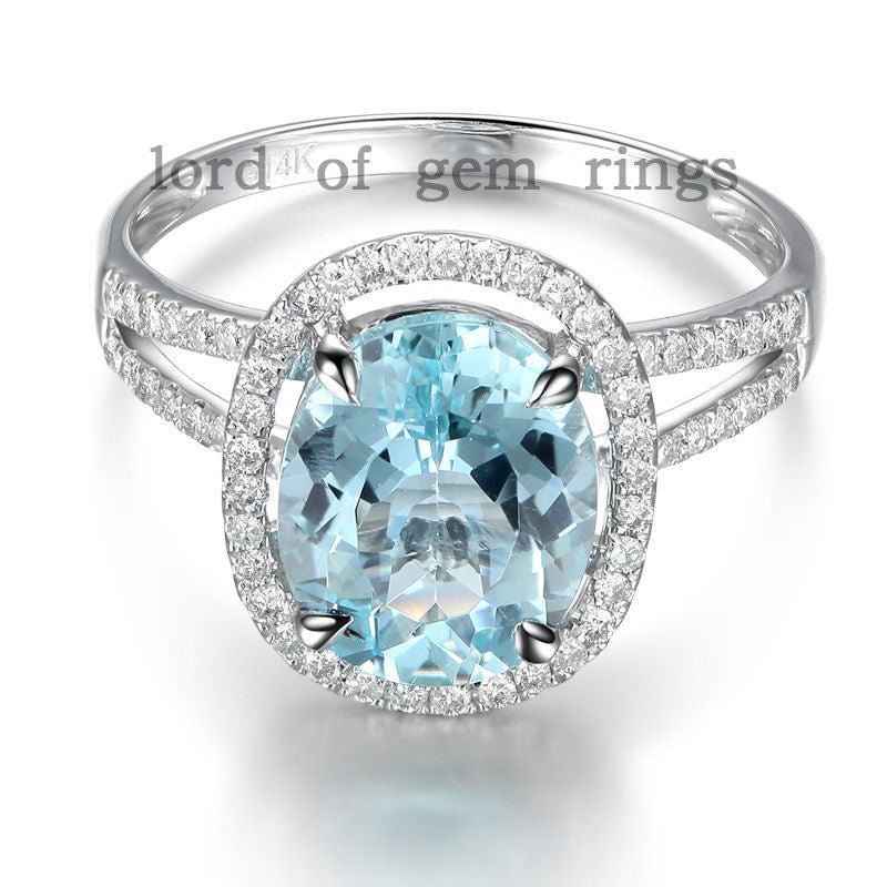 2.8ct Oval Aquamarine Diamond Halo Split Shank Ring with CLAW PRONGS - Lord of Gem Rings