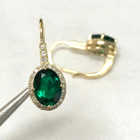 2.8ct Oval Green Emerald Diamond Leverback Earrings 14K Yellow Gold - Lord of Gem Rings