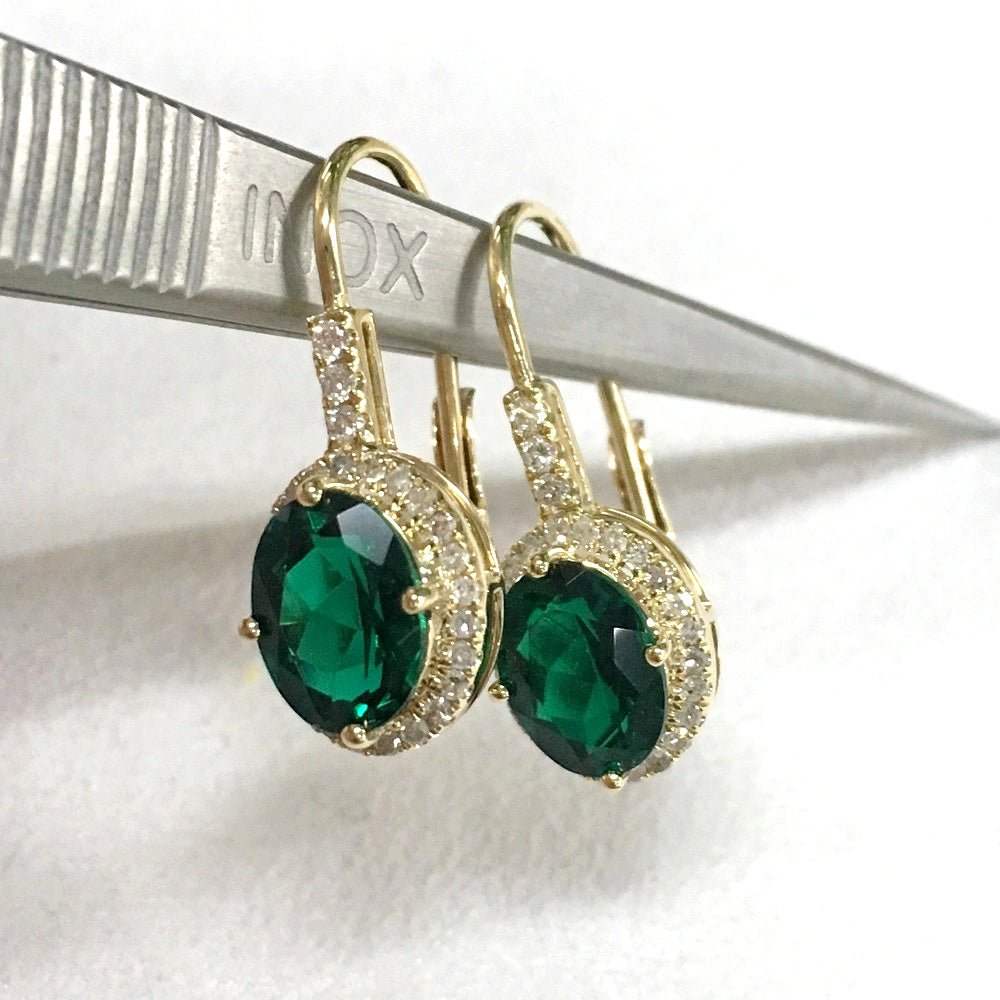 2.8ct Oval Green Emerald Diamond Leverback Earrings 14K Yellow Gold - Lord of Gem Rings