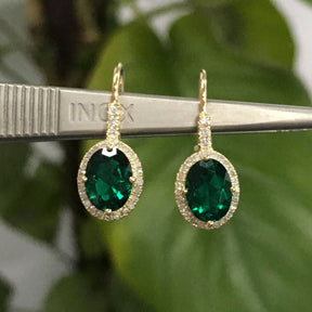 2.8ct Oval Green Emerald Diamond Leverback Earrings 14K Yellow Gold - Lord of Gem Rings