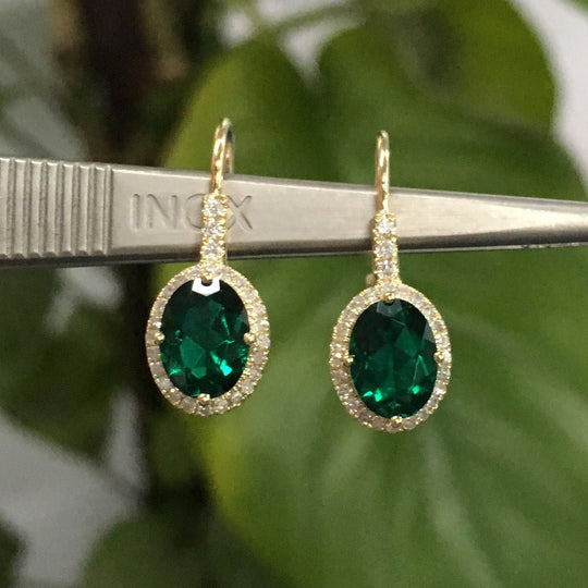 2.8ct Oval Green Emerald Diamond Leverback Earrings 14K Yellow Gold