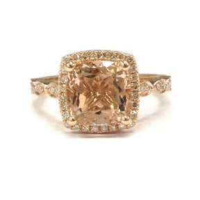 2ct Art Deco Cushion Morganite Ring Diamond Accents 14K Rose Gold - Lord of Gem Rings