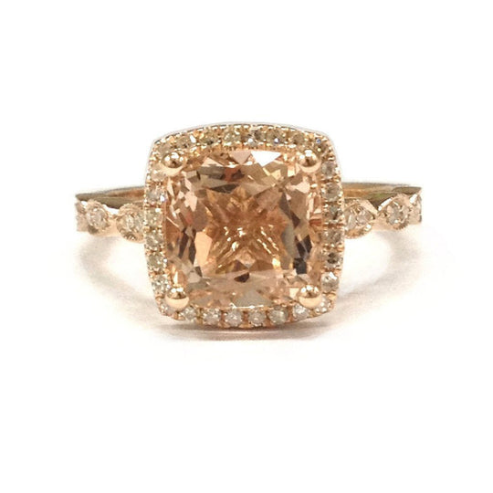 2ct Art Deco Cushion Morganite Ring Diamond Accents 14K Rose Gold