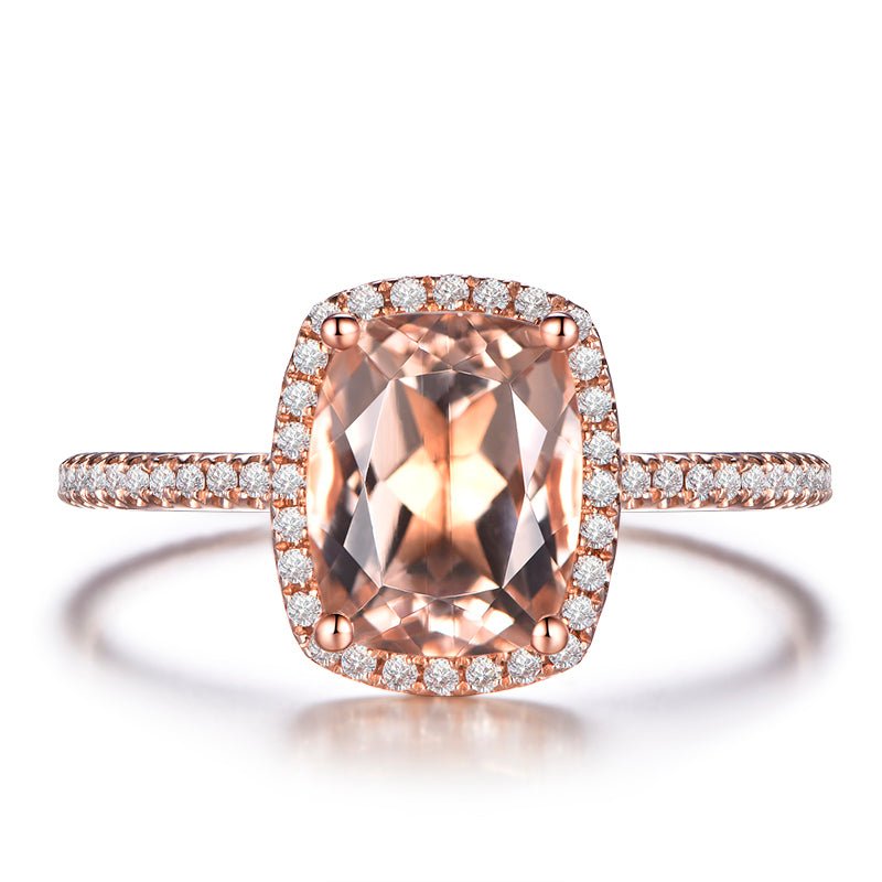 2ct Cushion Halo Oval Morganite Engagement Ring 14K Rose Gold - Lord of Gem Rings