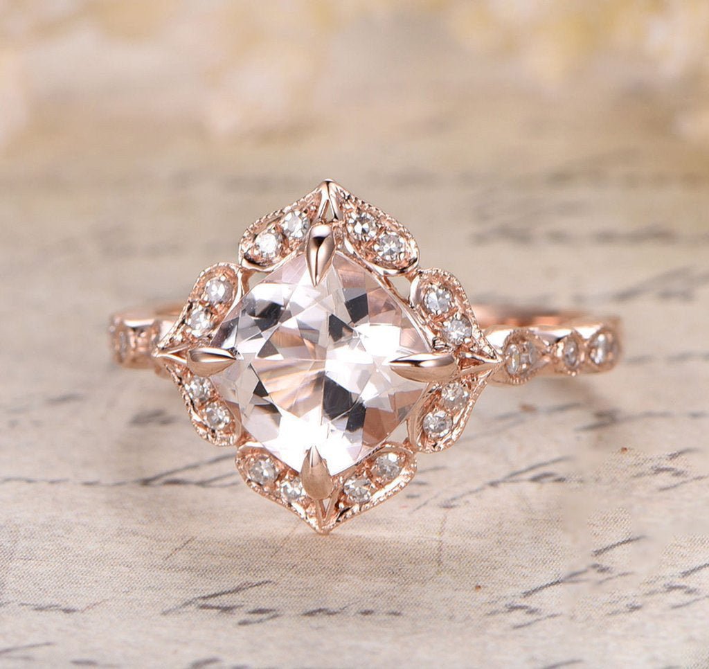 2ct Cushion Morganite Cathedral Ring Diamond Floral Halo 14K Rose Gold - Lord of Gem Rings