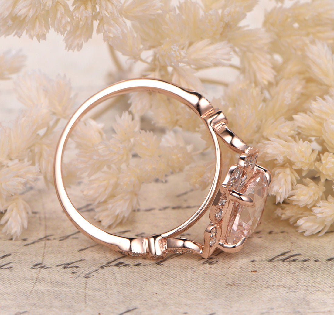 2ct Cushion Morganite Cathedral Ring Diamond Floral Halo 14K Rose Gold - Lord of Gem Rings