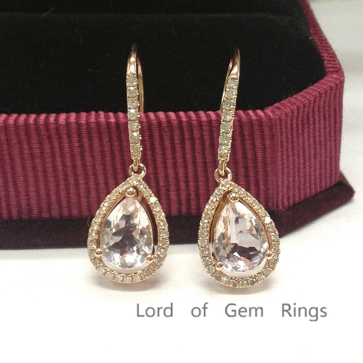 2ct Pear Morganite & Diamond Hook Earrings 14K White gold - Lord of Gem Rings