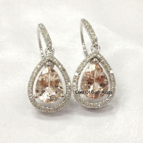 2ct Pear Morganite & Diamond Hook Earrings 14K White gold - Lord of Gem Rings