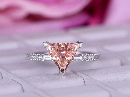 2ct Trillion Morganite Diamond Euro Ring 14K White Gold